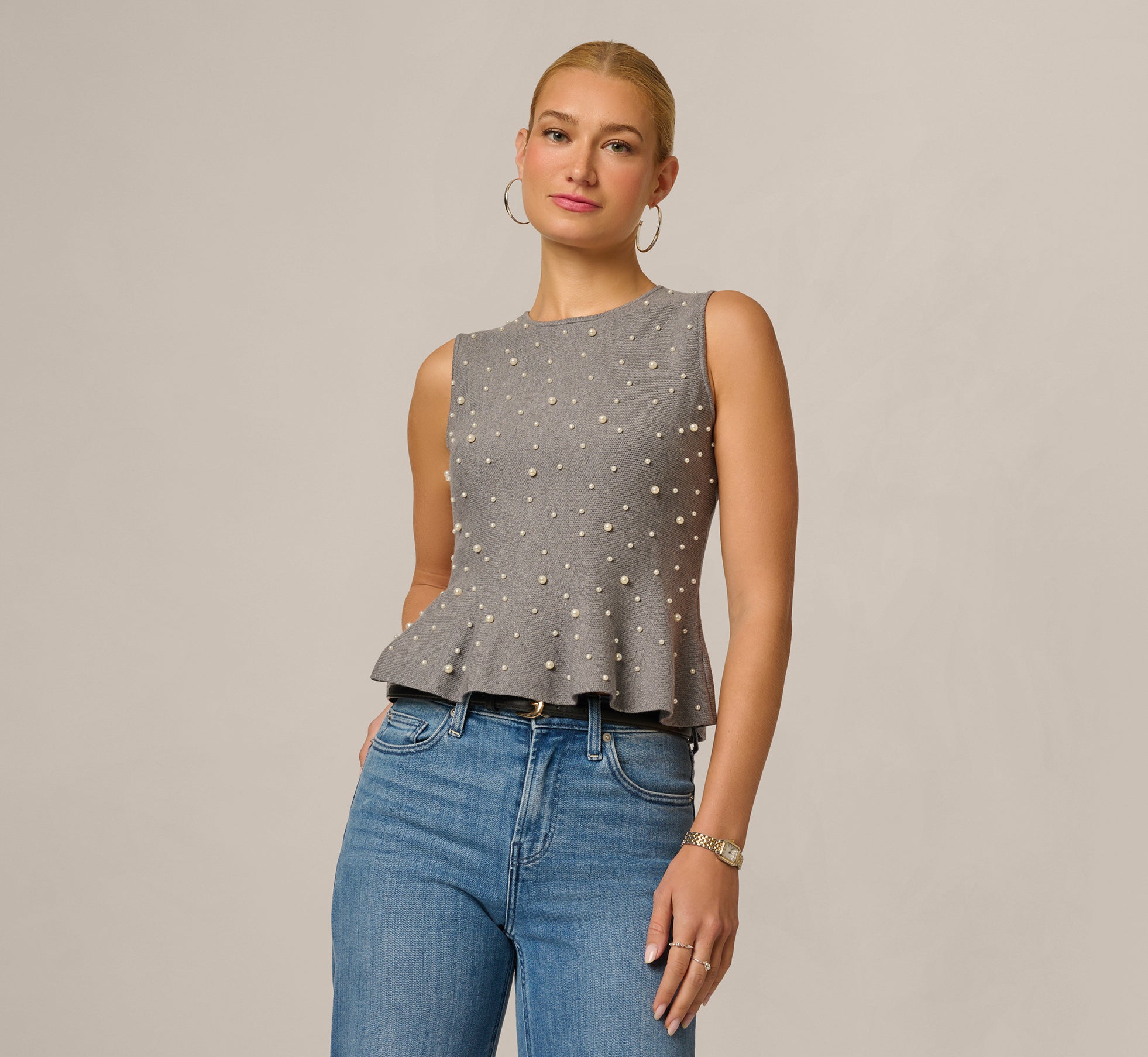 Pearly Beaded Sweater Knit Peplum Top In Dark Heather 1