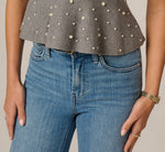 Pearly Beaded Sweater Knit Peplum Top In Dark Heather 5