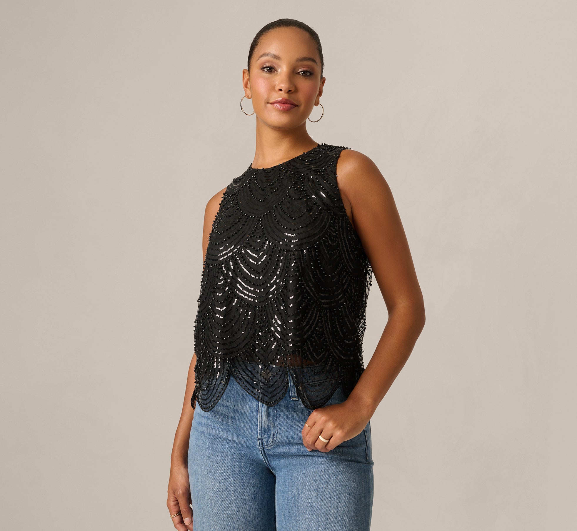 Scalloped Sequin Beaded Tank Top In Black 1