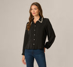 Long Sleeve Silky Rhinestone Beaded Blouse In Black 3