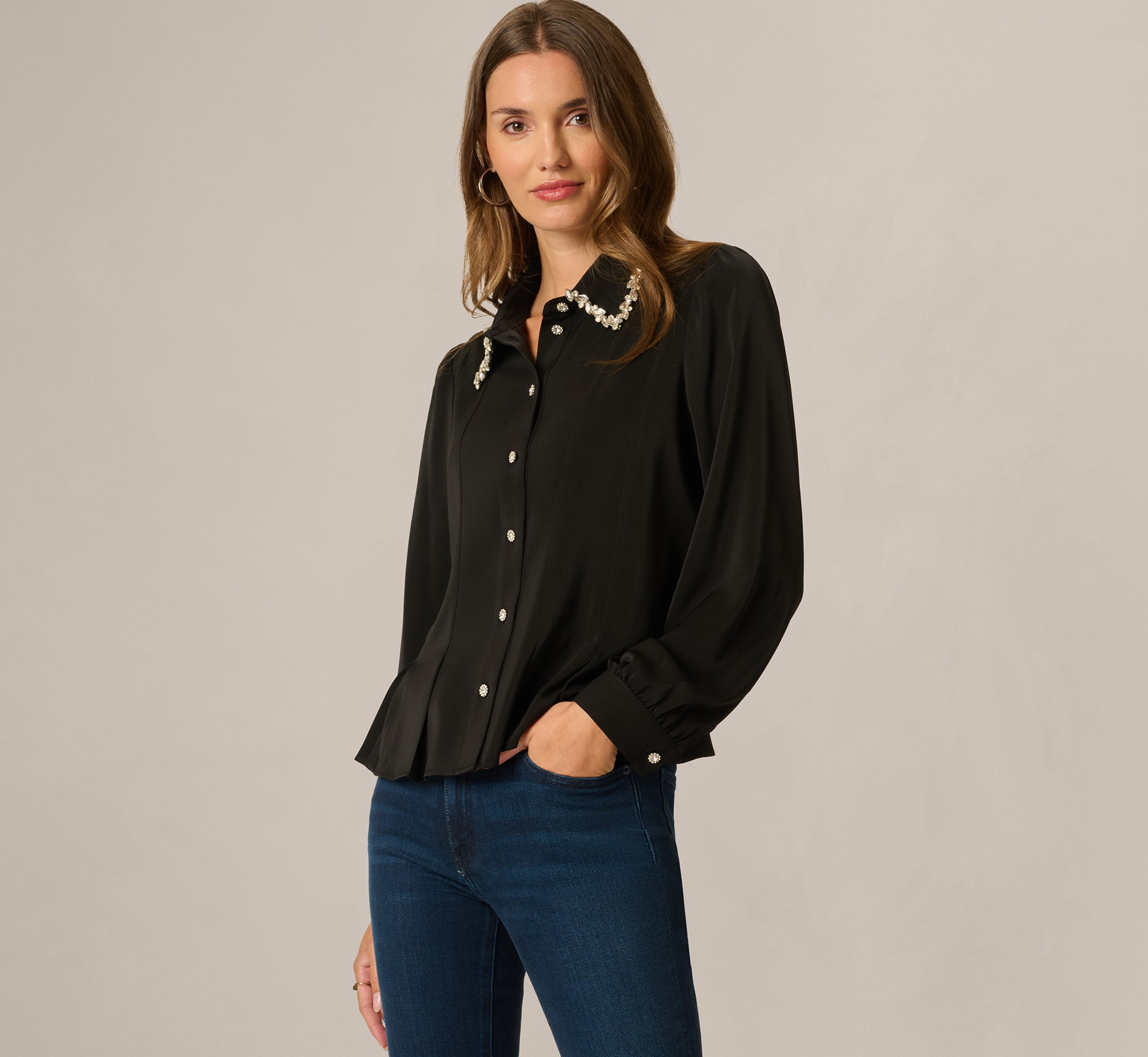 Long Sleeve Silky Rhinestone Beaded Blouse In Black 1
