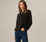 Long Sleeve Silky Rhinestone Beaded Blouse In Black 1