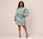 Plus Size Long Sleeve Retro Printed A Line Dress In Peach Multi 1