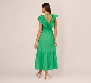 Ruffled Maxi Dress With Shirred Details In Green