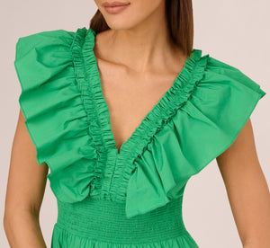 Ruffled Maxi Dress With Shirred Details In Green