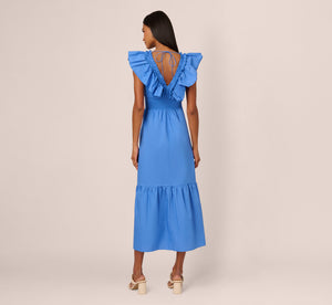 Ruffled Maxi Dress With Shirred Details In Cool Water