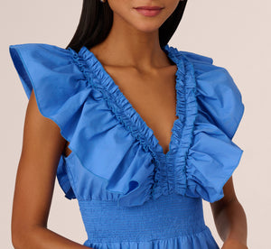 Ruffled Maxi Dress With Shirred Details In Cool Water