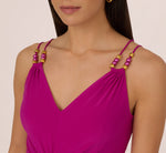 Shirred Jersey Dress With Dual Beaded Straps In Hot Magenta 3