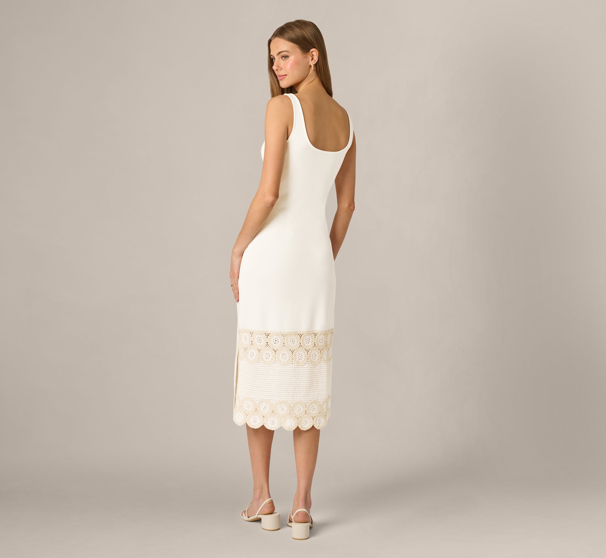Crochet Trimmed Sheath Midi Dress With Tank Straps In Ivory, Ivory / Regular / 10