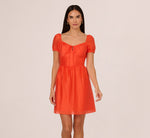 Shirred Fit And Flare Dress With Puff Short Sleeves In Orange Spice 2
