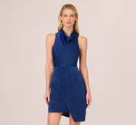 Satin Sleeveless Asymmetric Dress With Draped Neckline In Navy 2