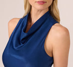 Satin Sleeveless Asymmetric Dress With Draped Neckline In Navy 3