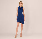 Satin Sleeveless Asymmetric Dress With Draped Neckline In Navy 7
