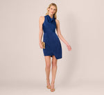 Satin Sleeveless Asymmetric Dress With Draped Neckline In Navy 1