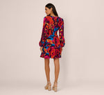 Retro Floral Print Shirred Dress With Long Bishop Sleeves In Berry Multi 5