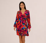 Retro Floral Print Shirred Dress With Long Bishop Sleeves In Berry Multi 2
