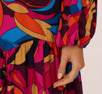 Retro Floral Print Shirred Dress With Long Bishop Sleeves In Berry Multi 3