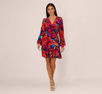 Retro Floral Print Shirred Dress With Long Bishop Sleeves In Berry Multi 7
