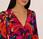Retro Floral Print Shirred Dress With Long Bishop Sleeves In Berry Multi 4
