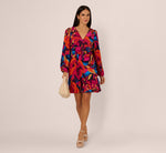 Retro Floral Print Shirred Dress With Long Bishop Sleeves In Berry Multi 1