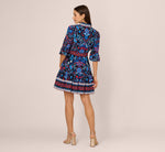 Abstract Print Button Down Dress With Three Quarter Bell Sleeves In Navy Multi 5