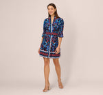 Abstract Print Button Down Dress With Three Quarter Bell Sleeves In Navy Multi 2