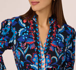 Abstract Print Button Down Dress With Three Quarter Bell Sleeves In Navy Multi 3