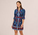 Abstract Print Button Down Dress With Three Quarter Bell Sleeves In Navy Multi 7