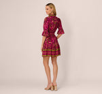 Abstract Print Button Down Dress With Three Quarter Bell Sleeves In Burgundy Multi 5