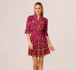 Abstract Print Button Down Dress With Three Quarter Bell Sleeves In Burgundy Multi 2