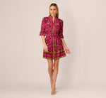 Abstract Print Button Down Dress With Three Quarter Bell Sleeves In Burgundy Multi 7