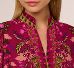 Abstract Print Button Down Dress With Three Quarter Bell Sleeves In Burgundy Multi 4