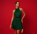 Metallic Blouson Halter Dress In Emerald Green 1