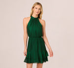 Metallic Blouson Halter Dress In Emerald Green 3