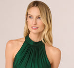 Metallic Blouson Halter Dress In Emerald Green 4