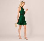 Metallic Blouson Halter Dress In Emerald Green 2