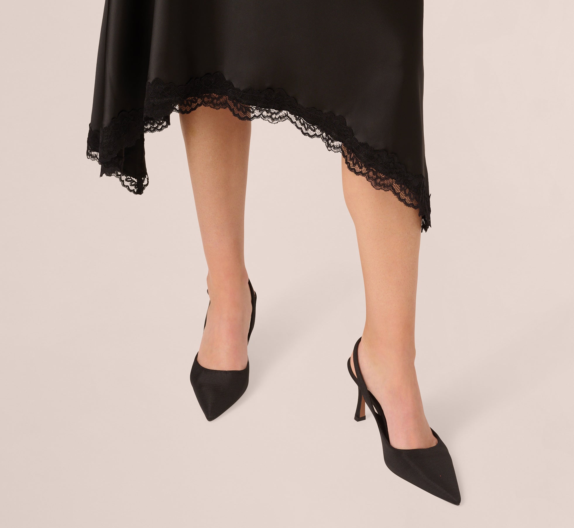 Black Satin Lace Midi Slip Dress - Adrianna Papell