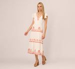 Embroidered Flutter Sleeve Tiered Midi Dress In Ivory Red Multi 3