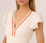 Embroidered Flutter Sleeve Tiered Midi Dress In Ivory Red Multi 4