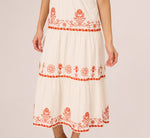 Embroidered Flutter Sleeve Tiered Midi Dress In Ivory Red Multi 5