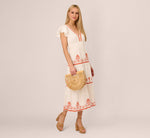 Embroidered Flutter Sleeve Tiered Midi Dress In Ivory Red Multi 2