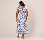Plus Size Sleeveless Ruffle Collar Printed Midi Dress In White Blue Multi 5