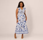 Plus Size Sleeveless Ruffle Collar Printed Midi Dress In White Blue Multi 2