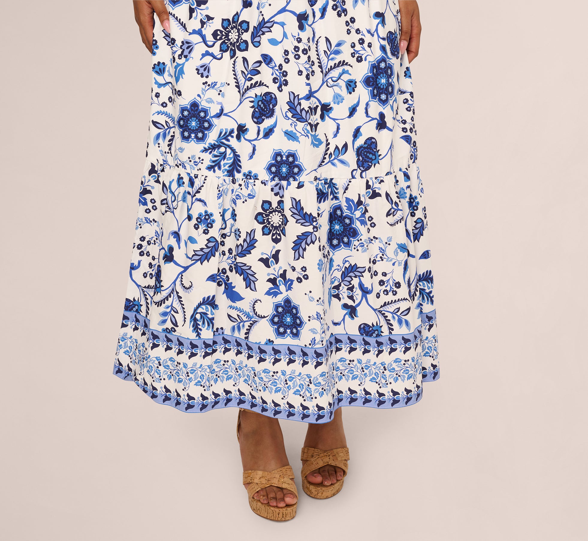 Plus Size Sleeveless Ruffle Collar Printed Midi Dress In White Blue Multi 1