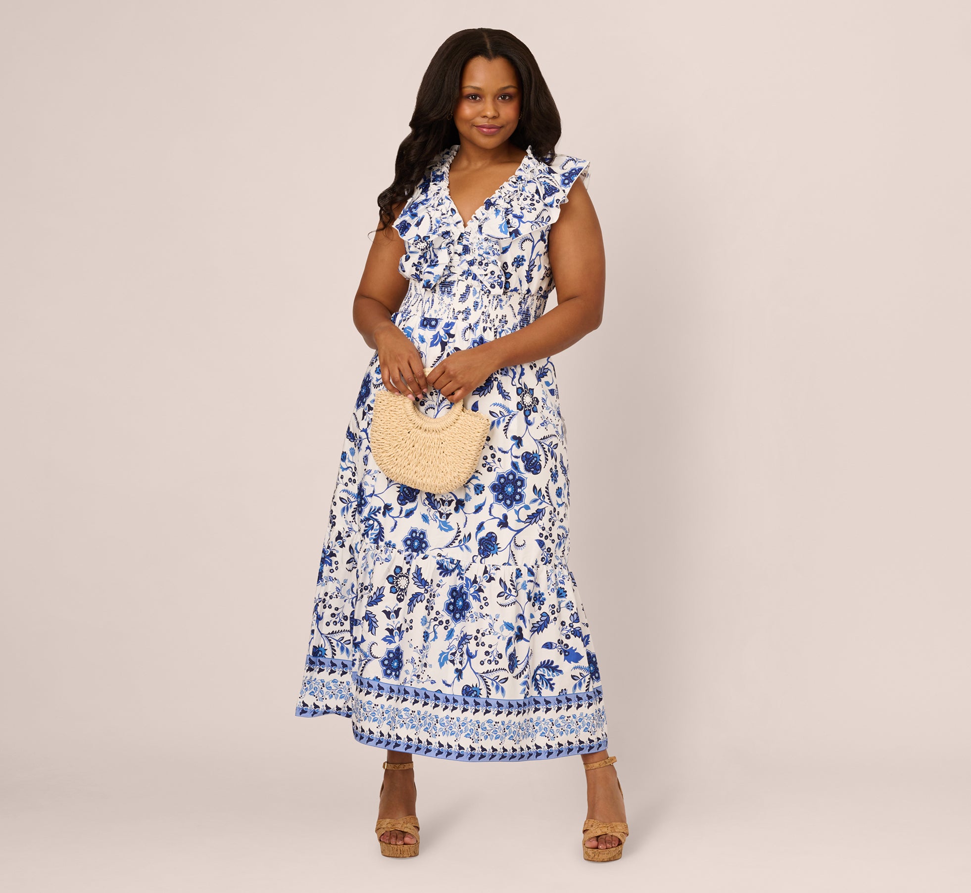 adrianna papell Plus Size Sleeveless Ruffle Collar Printed Midi Dress In White Blue Multi