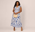 Plus Size Sleeveless Ruffle Collar Printed Midi Dress In White Blue Multi 1