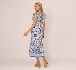Sleeveless Ruffle Collar Printed Midi Dress In White Blue Multi 5