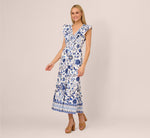 Sleeveless Ruffle Collar Printed Midi Dress In White Blue Multi 2