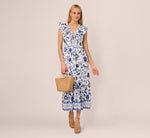 Sleeveless Ruffle Collar Printed Midi Dress In White Blue Multi 1