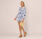 Long Sleeve Tie Front Floral Romper In White Blue Multi 2